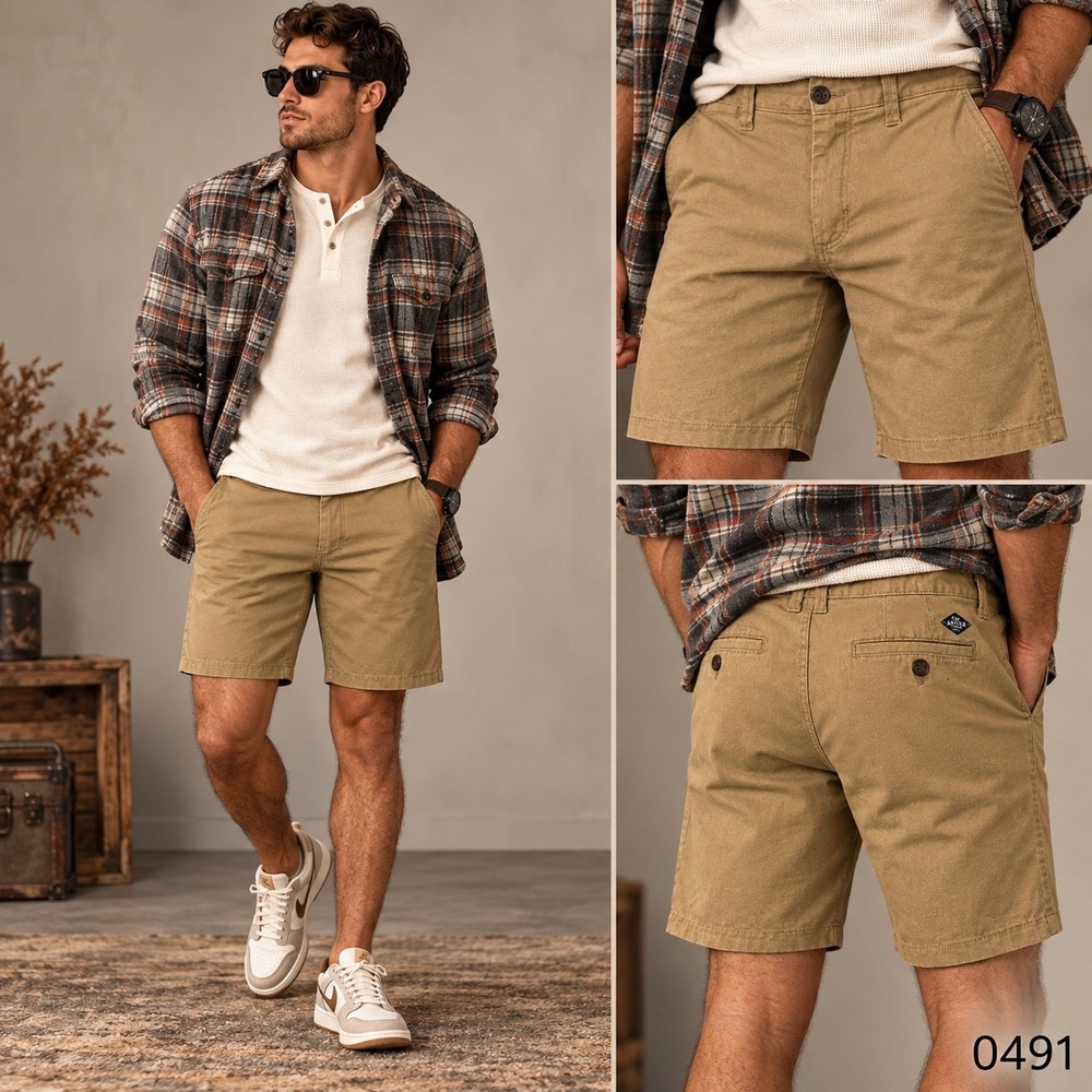 Flag & Anthem Mens Khaki Chino Shorts Stretch Cotton Tan Size 34 CORESH407 0491